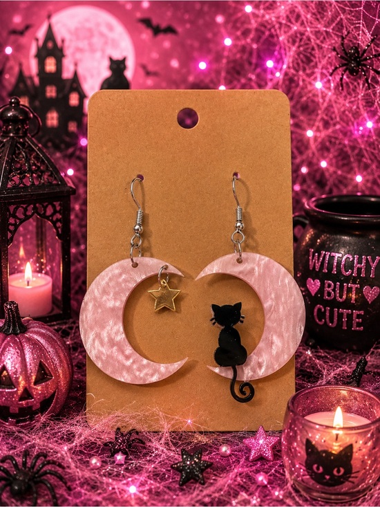 Jewelry - Pink Crescent Moon Cat Dangle Earrings - Witchy Cute Style